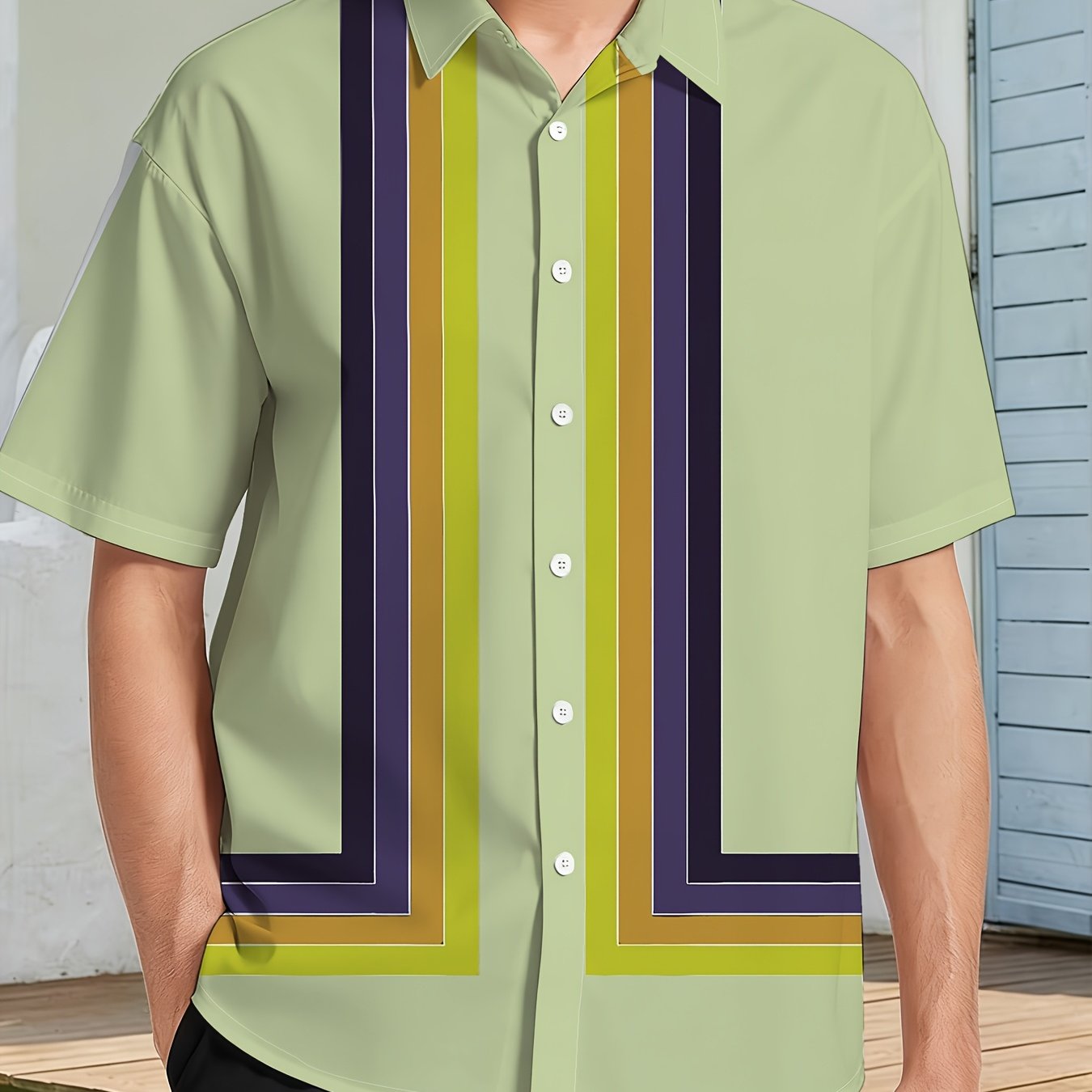 TEMU Men's Fashion Short-sleeve Shirt, Vintage Color-block Striped Short-sleeve Shirt, Trendy New Summer Outfit, Casual Daily Shirt, Vacation Beach