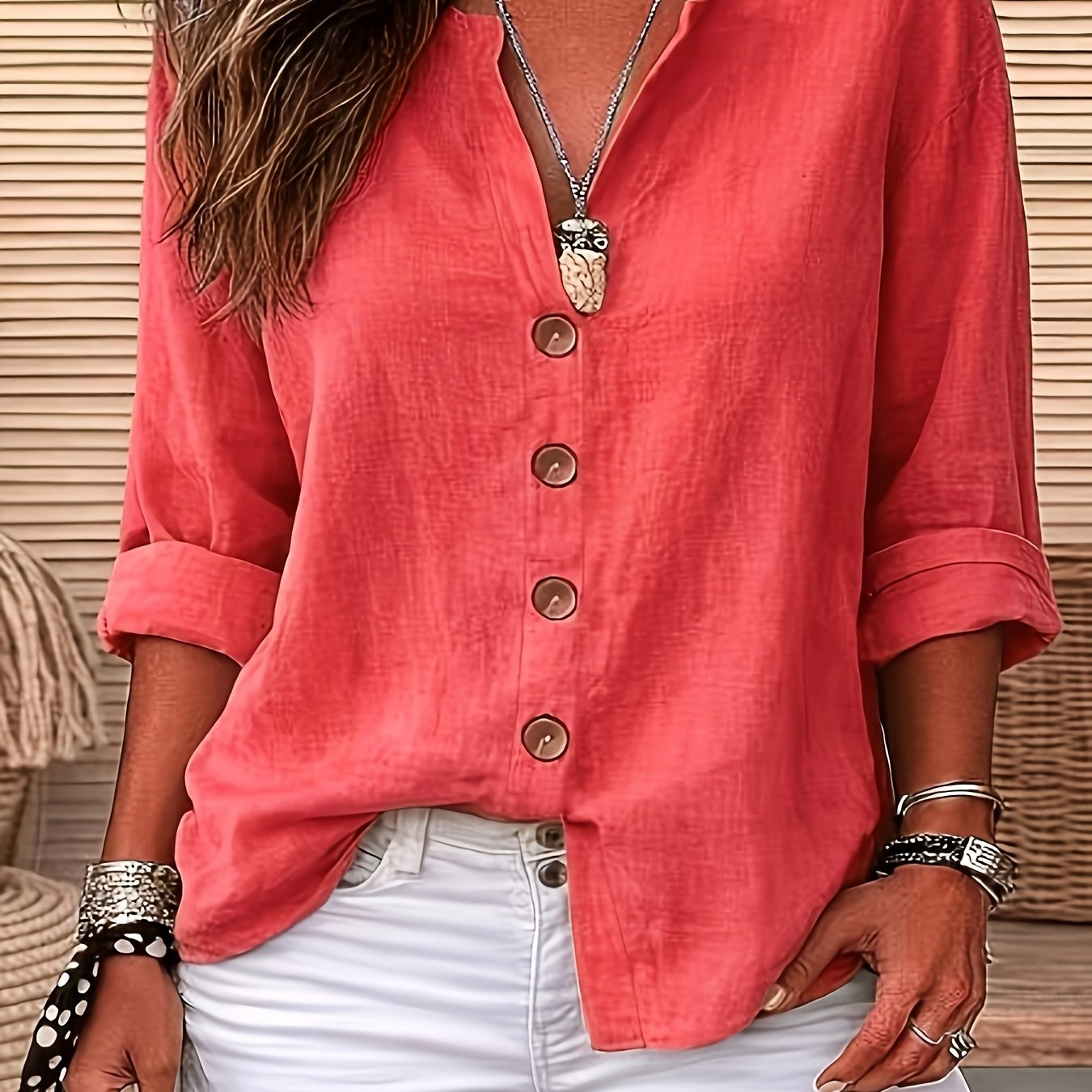 TEMU Women's V-neck Button-up Shirt - Solid Color Loose-fit Button Collar Collar Suitable For Commuting, Office & Casual Wear, Machine Washable