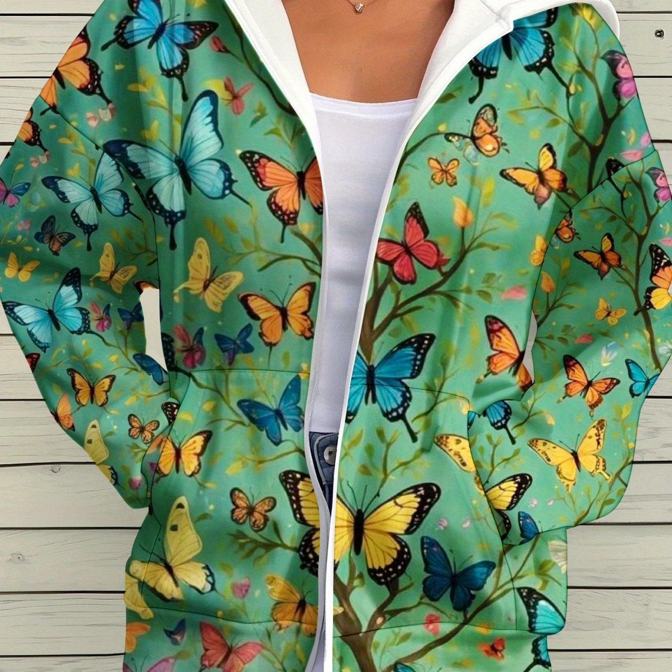 TEMU Plus Size, Women's Cardigan With Garden Print Design, Casual Pattern On Green Background, Autumn/winter Zip-up Sweatshirt With Long Sleeve