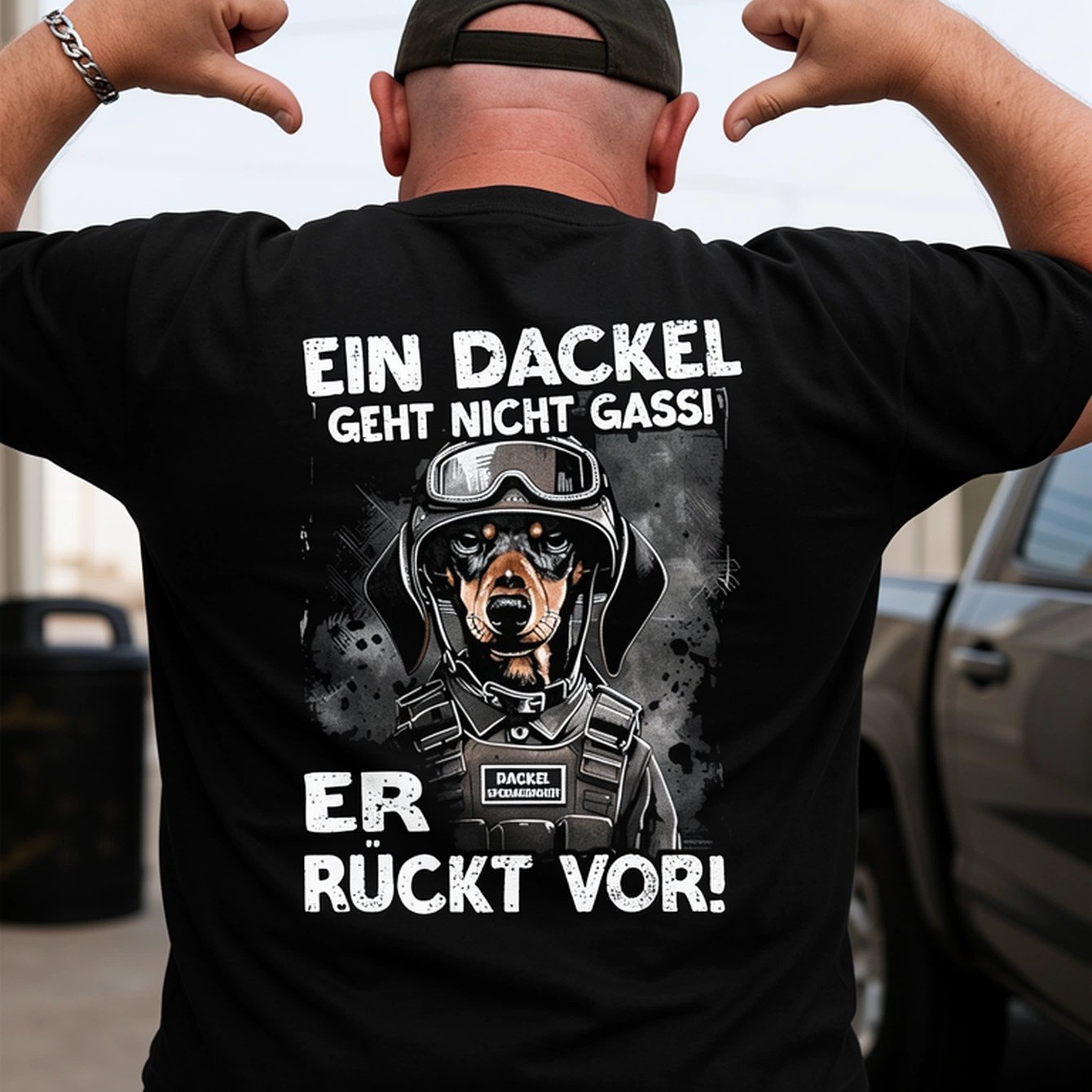 Men's T-shirt Black Dachshund Dog In With German Text Ein Dackel Geht Nicht Er Ruckt Vor For Casual Wear And Dog Lovers, Plus Size