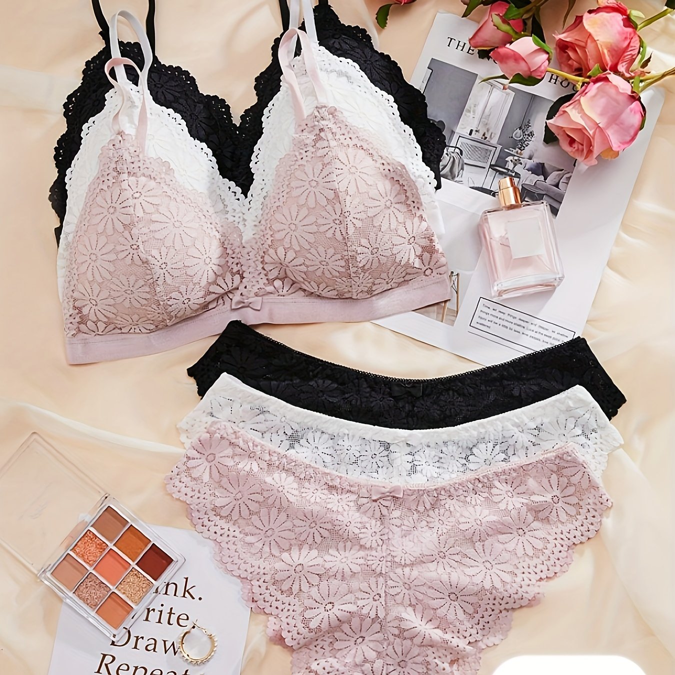 Image of 3pcs Floral Contrast Lace Bra And Panties Set, Romantic Triangle Cup Bra With Scallop Trim Underwear Outfit