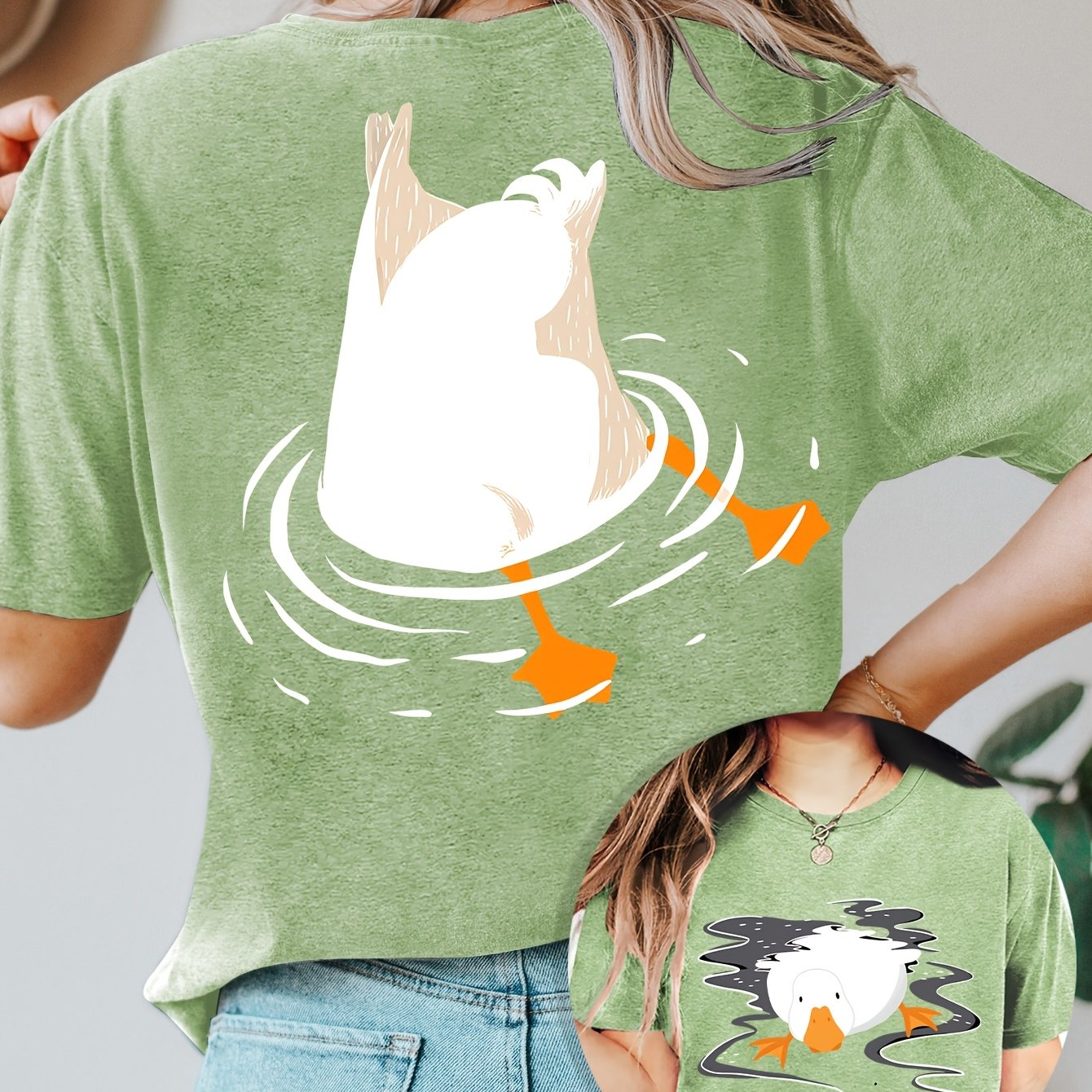 TEMU Women's Summer Clothing, Duck Diving Reversible Print Round Neck Short Sleeve T-shirt, Comfortable Soft Fashionable Elegant Party Vintage Casual