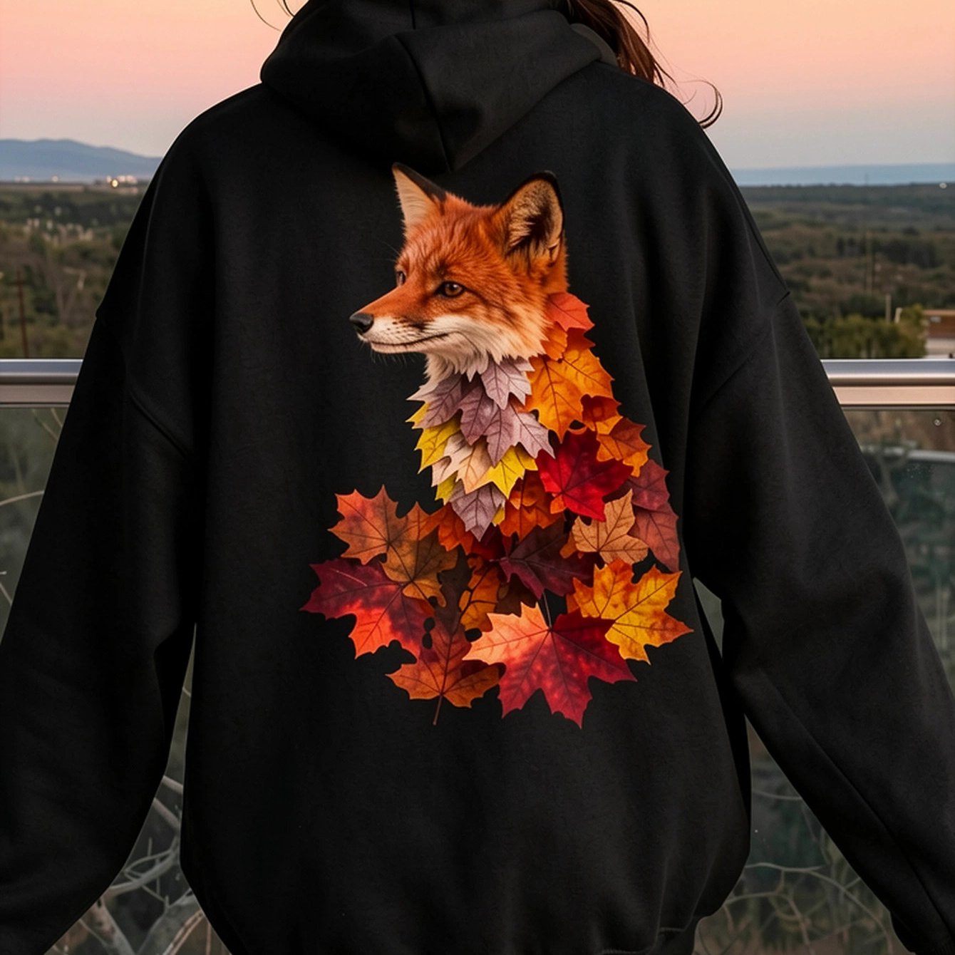 Image of Autumn Fox And Colorful Leaves Graphic Hoodie For Women, Black Hooded Sweatshirt, Long Sleeve Pullover With Drawstring Hood, Streetwear Top For Fall Winter, Daily Wear, Outdoor And Travel, Fleece