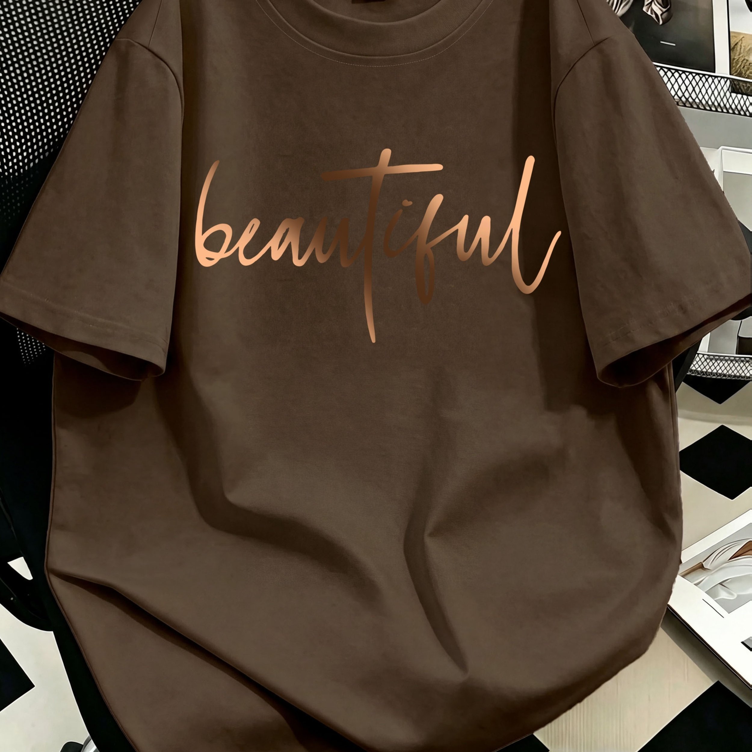 TEMU Plus Size Letter Print Round Neck Short Sleeve Women's Top, Suitable For , New Year Gift, Valentine's Day Gift, Casual Wear, , Festivals, Beach,