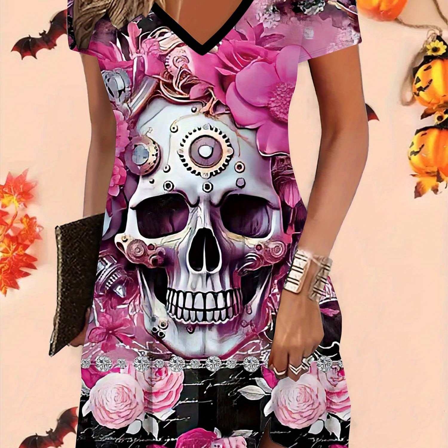 Image of Women's Gothic Bohemian 3d Printed Pink Rose& Skull Print Dress- Slim-fit Sleeveless Mid-length H-line, Washable Halloween Parties, Themed Events, Spring Summer Fall Casual& Semi-formal Outfits