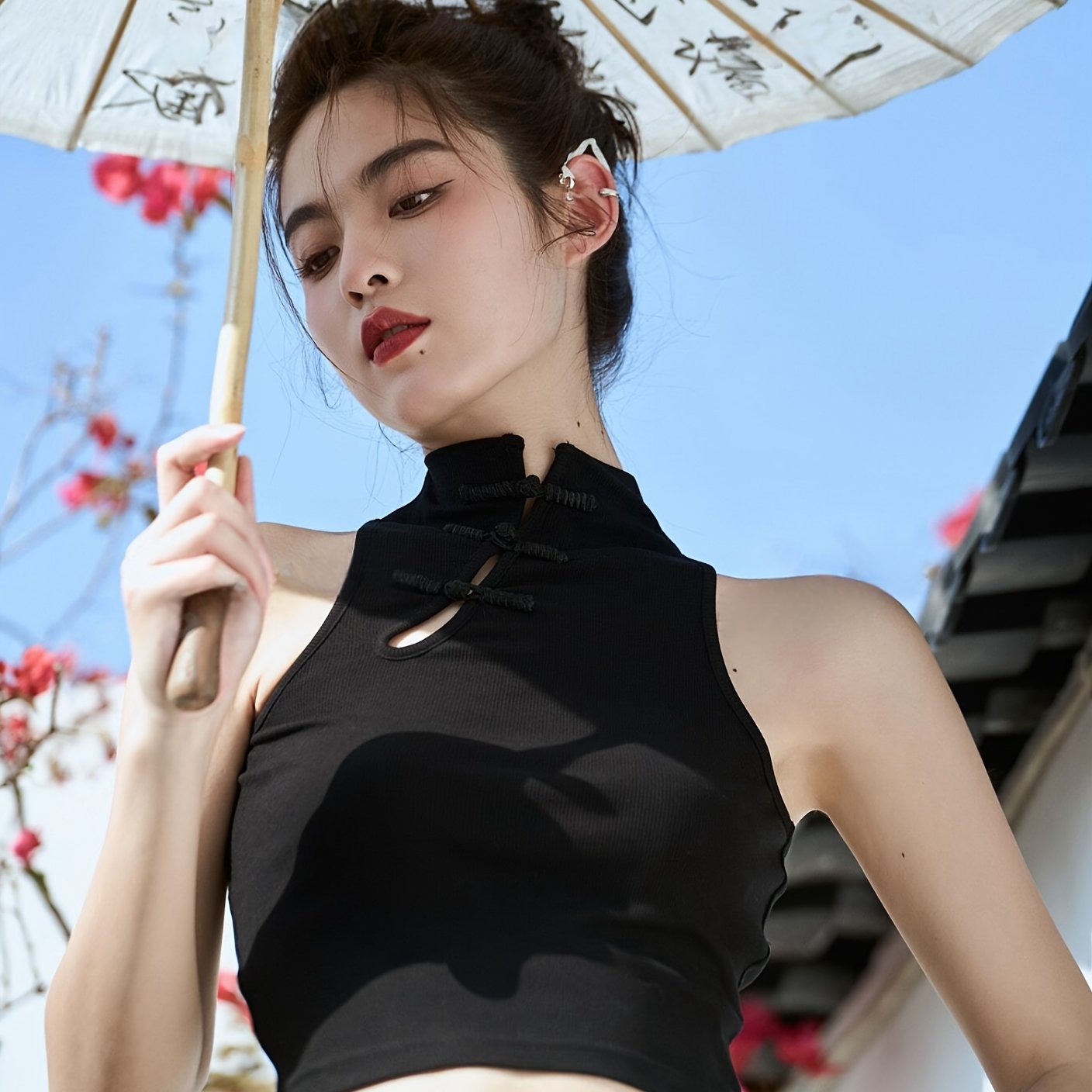 TEMU 【商品名】無地中国風襟付きショートベスト