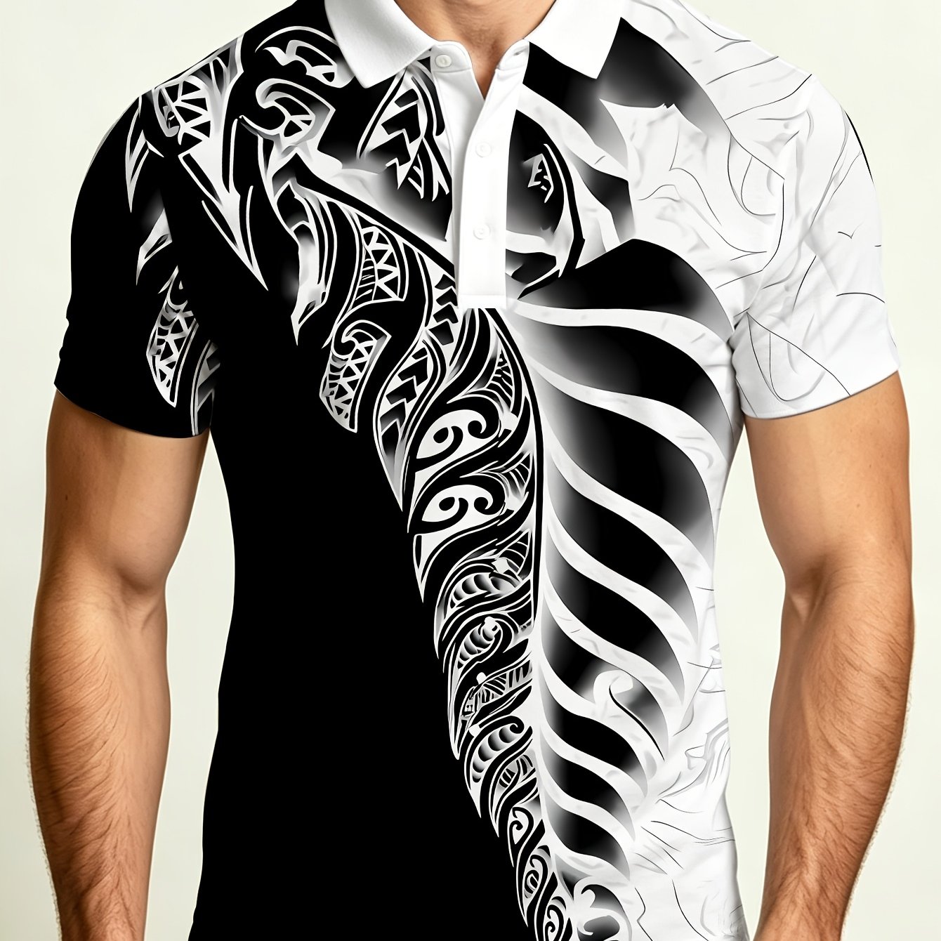 TEMU Men's Black And White Polynesian Totem Themed Short-sleeve Shirt, Featuring A Black And Contrast With Traditional Tribal Totem Prints, Exuding A
