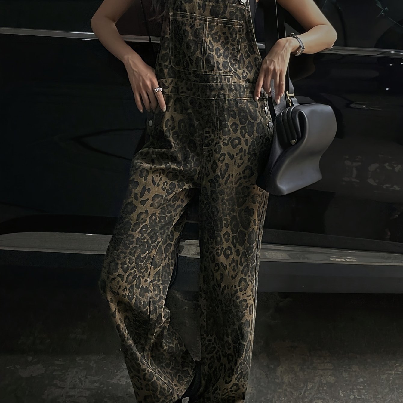 Vintage Leopard Print Overalls Denim Jumpsuit