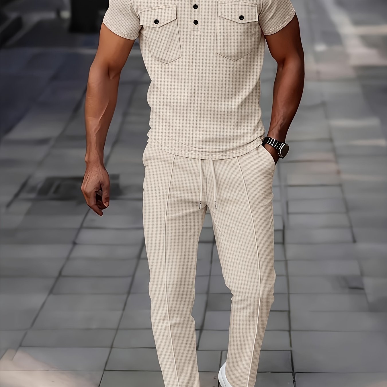TEMU New Summer Men's Waffle Knit Shirt And Long Pants Casual Set, Lapel Collar, Double Pockets, Solid Color