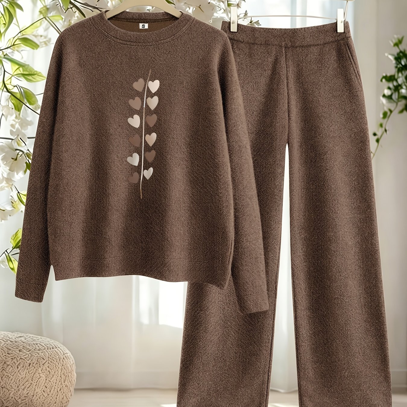 TEMU New Arrival Women's Fall Winter Thick 2pcs Outfit, Printed Loose Crew Neck Pullover Top Straight Leg Pants Set, Fashion Casual Long Sleeve Warm