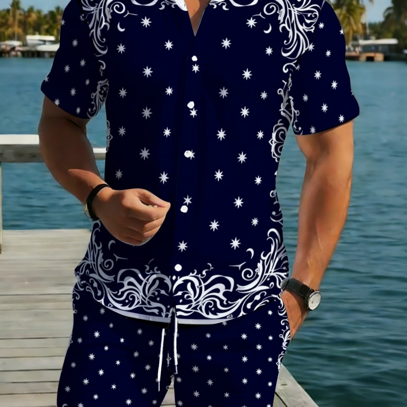 TEMU [printed Design Not Textured]men's Navy Blue Polyester Hawaiian Shirt And Shorts Set With And Floral Print, Lightweight Beachwear For Casual