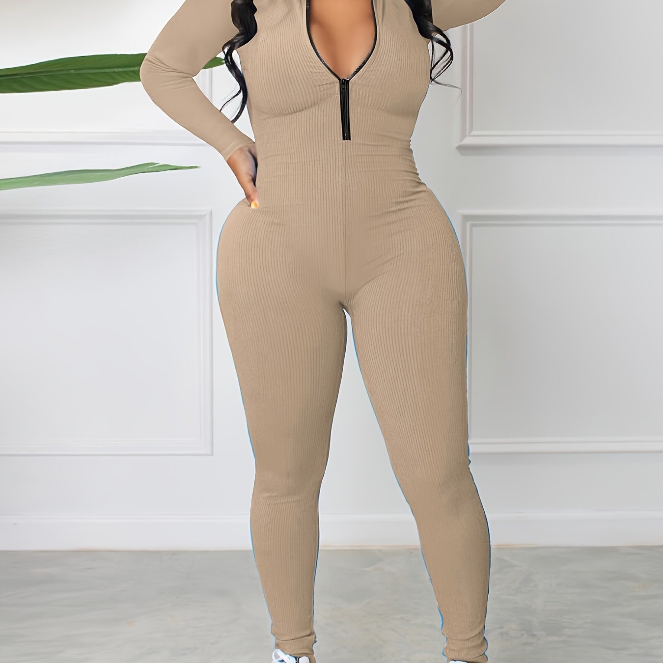 Solid Zip Front Jumpsuit, Casual Long Sleeve Jumpsuit, Women's Clothing