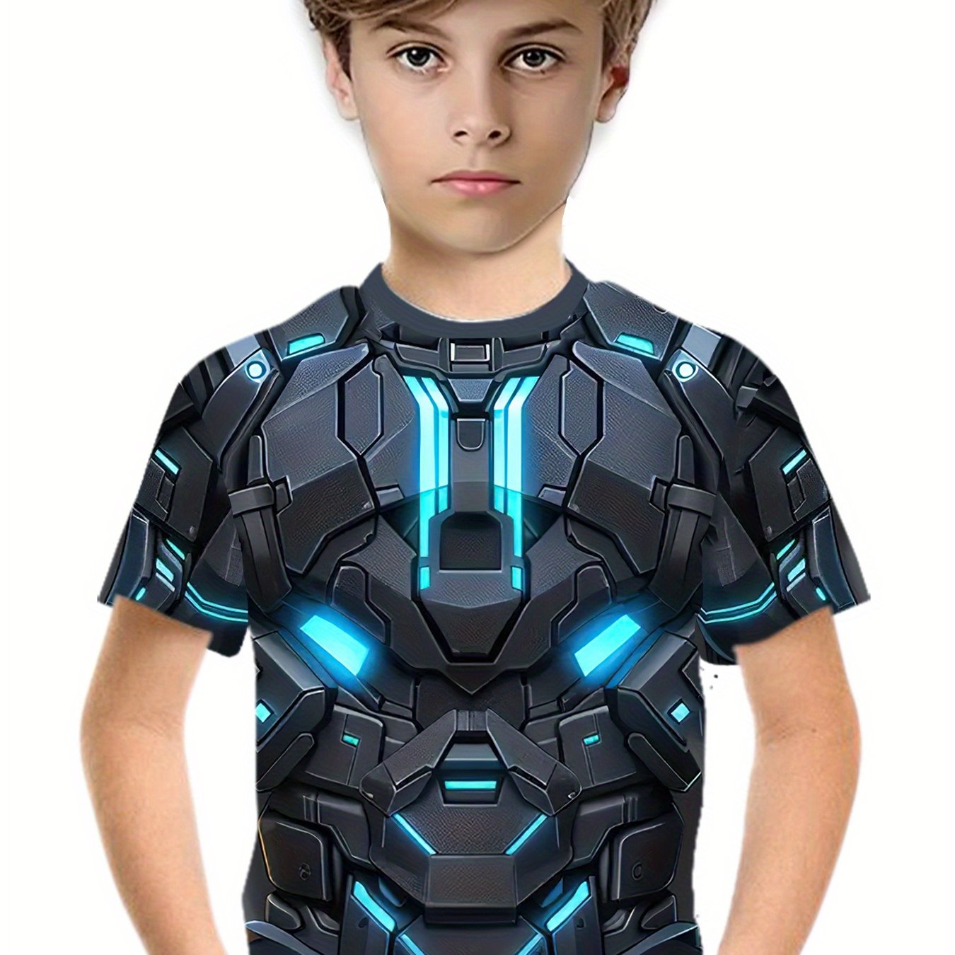 Image of Robot Boy Casual Sports T-shirt With A Visual Illusion Design, Perfect For Sports Festivals And Parties. A Breathable, Comfortable, And Stylish Short-sleeve Top For Kids
