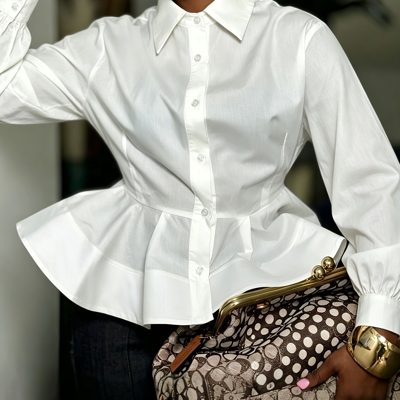 TEMU Chemise d'automne pour femmes, couleur unie, ourlet à volants, col boutonné, manches longues