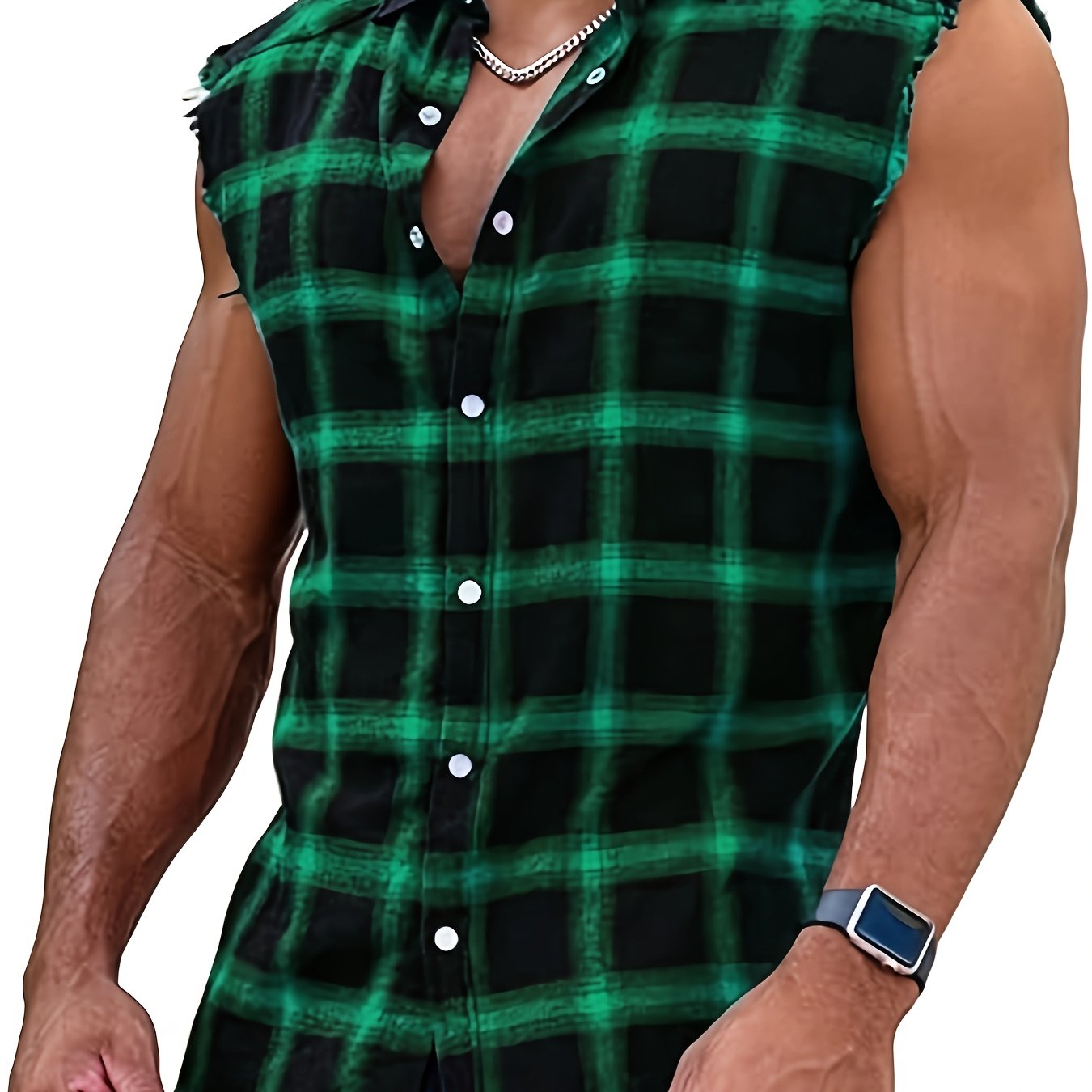 TEMU Men's Casual Flannel Sleeveless Shirt, Hem With Tassel Detail, Classic Single-breasted Four-button Vest Shirt, Suitable For Vacation Wear