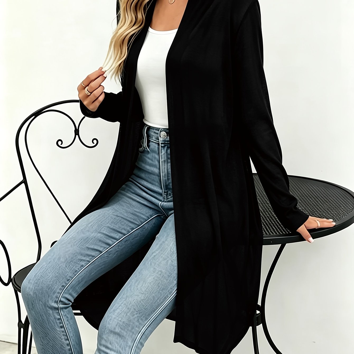 TEMU Women's Casual Mid-length Open Front Drape Thin Cardigan, Solid Color Irregular Hem Long Sleeve Jacket