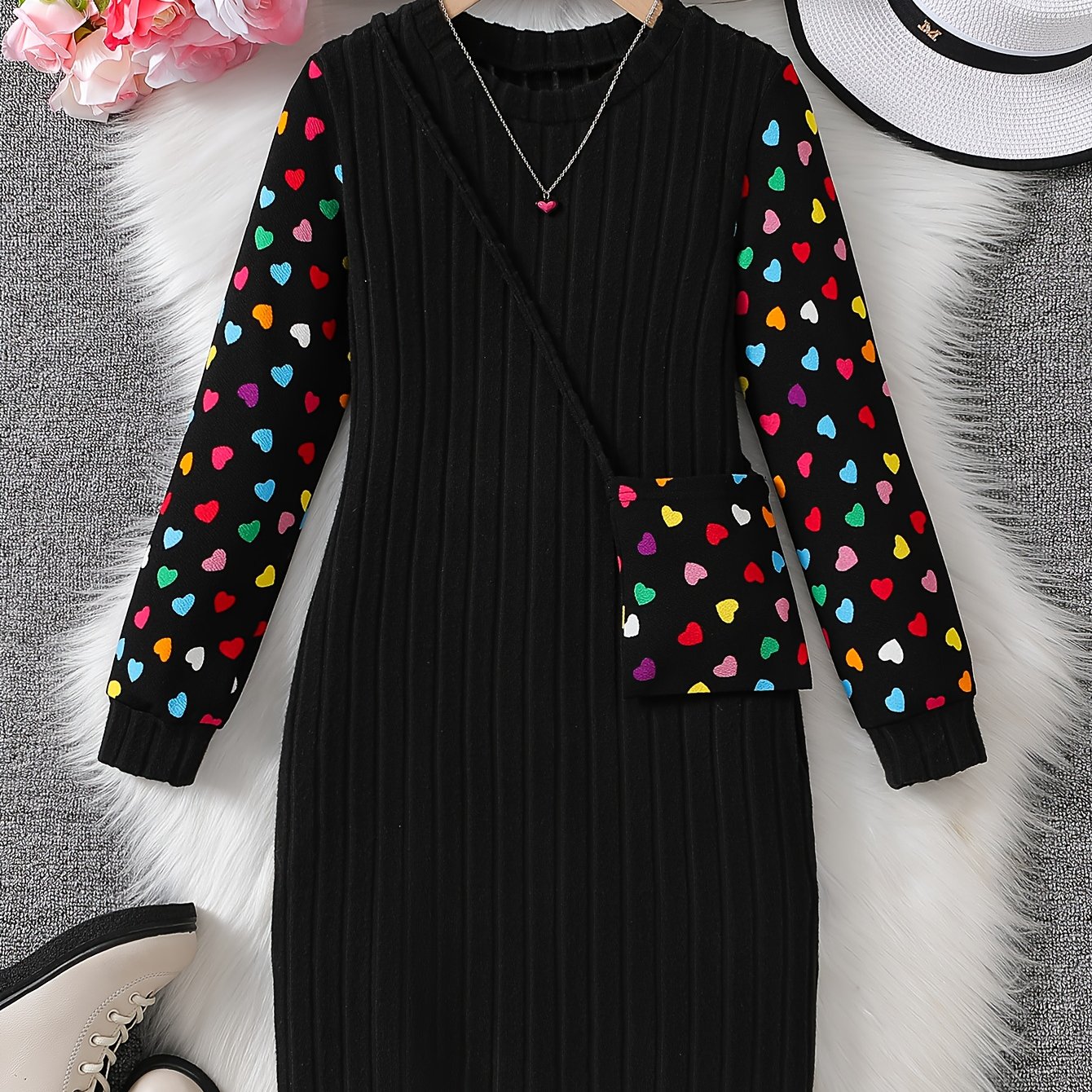 Image of Girls' Fashion Dress, Early Autumn Casual Black , Plush Fleece Fabric Comfortable And Warm (bag Included), Halloween