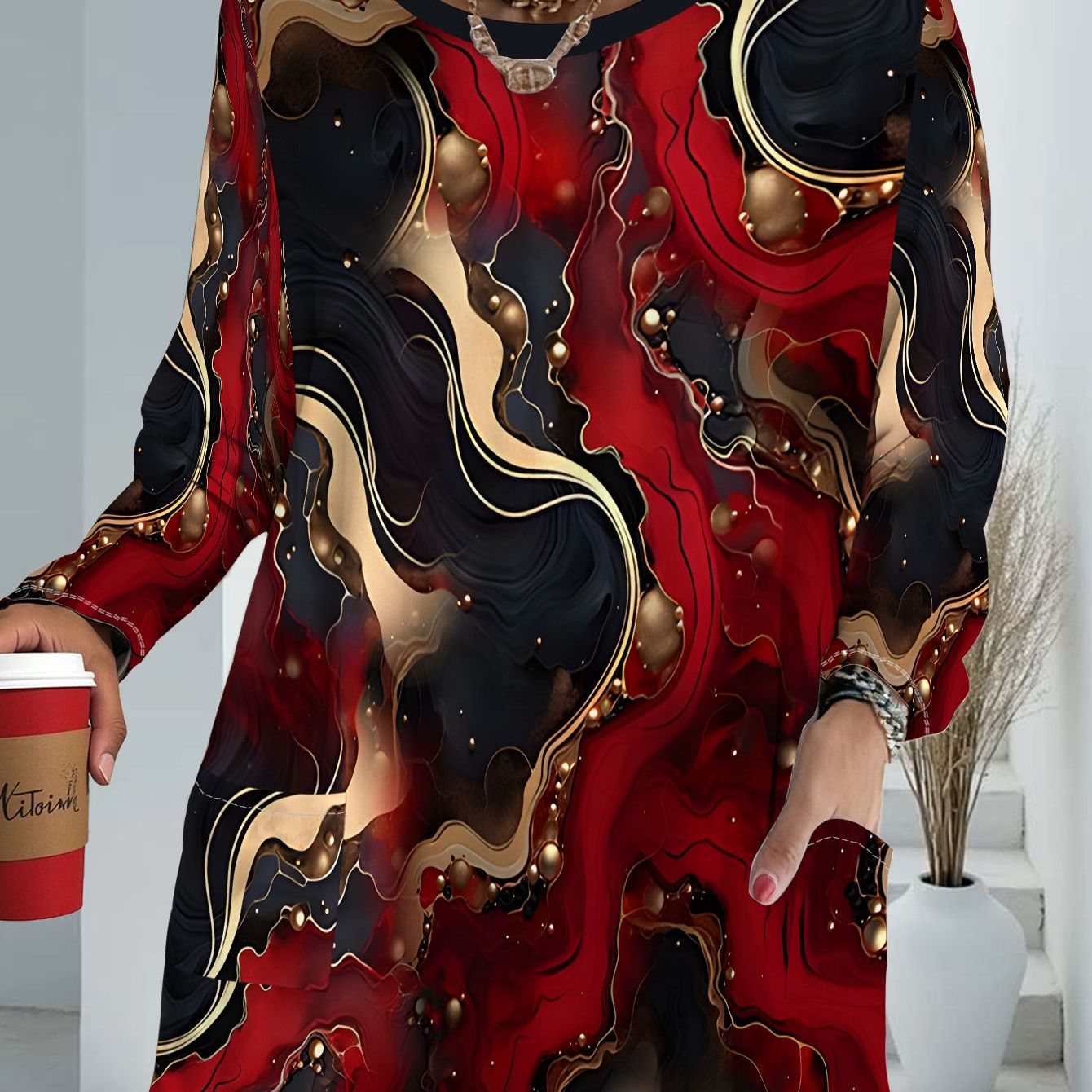 TEMU Women's Plus Size Pocket Retro Abstract Print Loose Top, Women's Fashion Long Sleeve T-shirt, Summer Casual Versatile Style