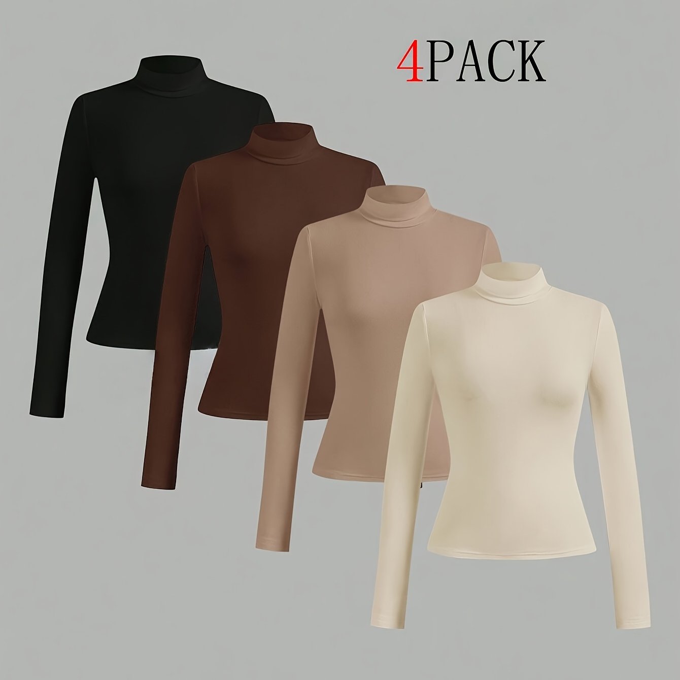 TEMU Women's 4pcs Semi-high Neck Long Sleeve Slim Short Base T-shirt Set, High--friendly -waist Inner Top 4pcs Set