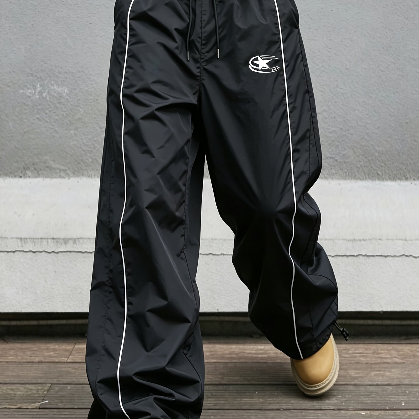 TEMU Men's Wide Leg Track Pants - Loose Fit Baggy Parachute Pants With Elastic Waist & Drawstring, Straight Leg Trousers Suitable For Streetwear,