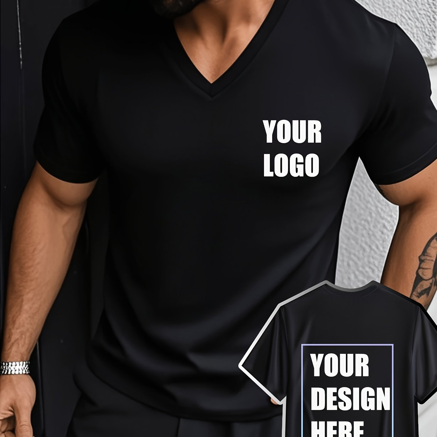TEMU High-quality Customizable Men's Quick-dry V-neck Short-sleeve Shirt -- Add Your Photo/logo! Perfect For Brand , , Events, Or . Breathable Fabric