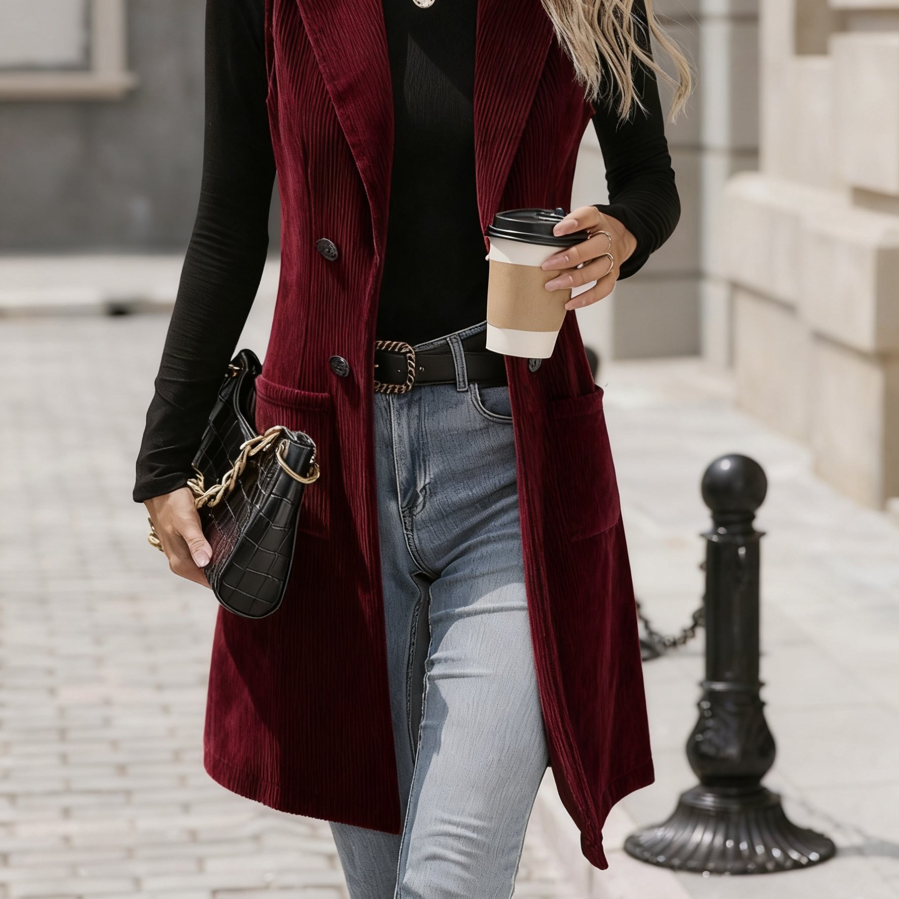 TEMU European And Corduroy Suit Vest For Women, Slim-fit Vintage Elegant Long Outer Coat Cardigan