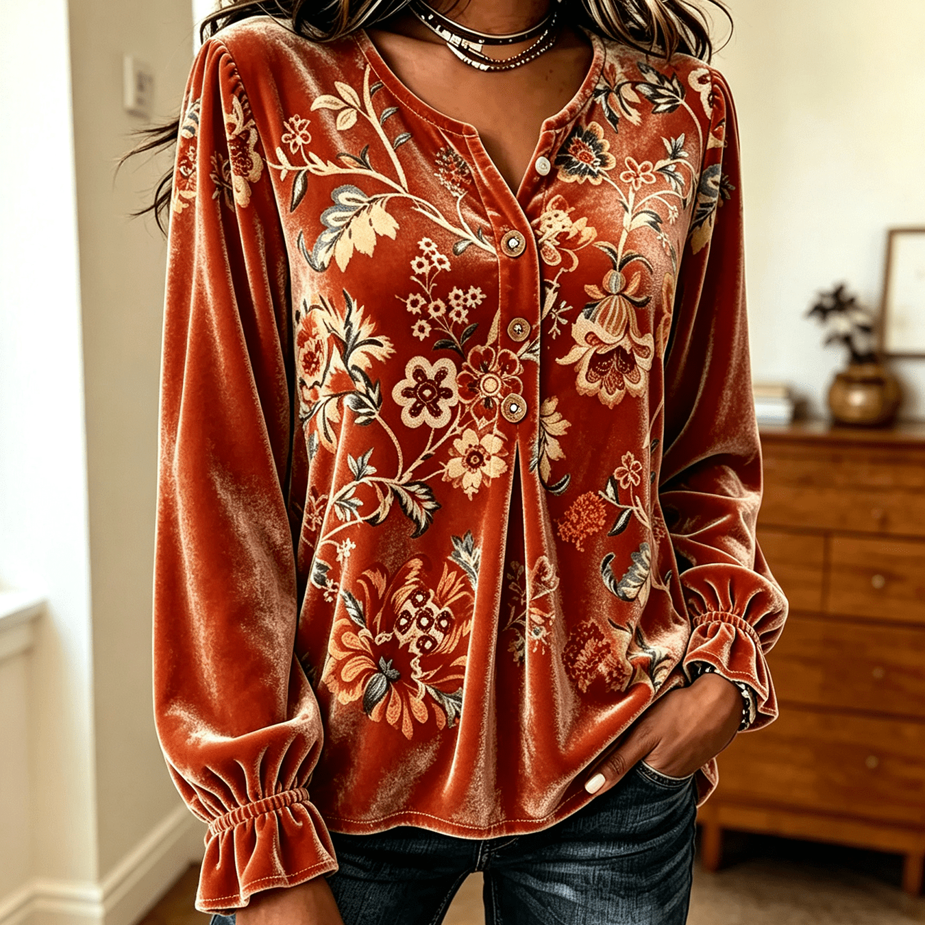 Image of Plus Size - Women's Velvet Floral Print Henley Neck Top With Edge Long Sleeve Loose Version Casual Autumn Western Women's Shirt, Plus Size Ladies