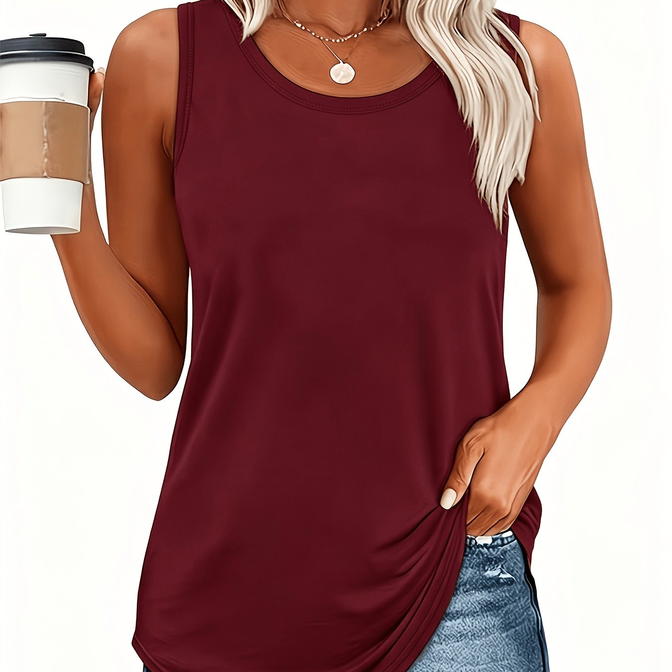 TEMU Plus Size, Plus-size Solid Burgundy Round-neck Women's Vest, A Fashionable And Versatile Top
