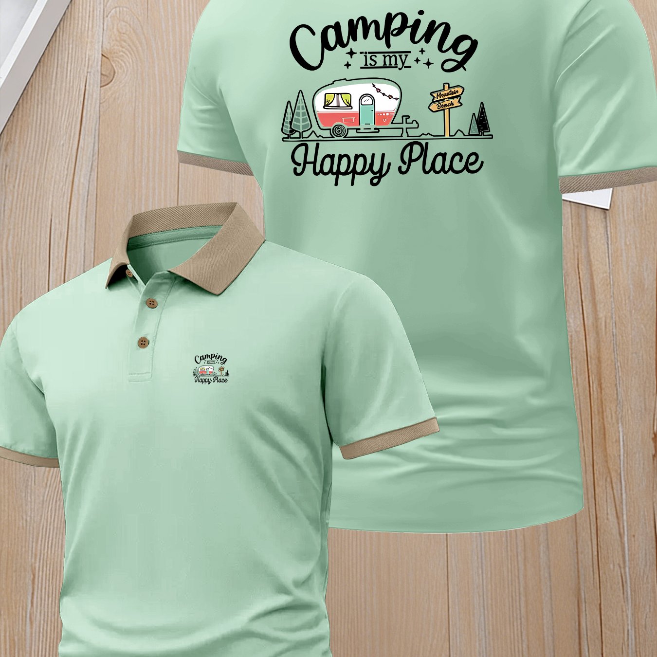 TEMU Men's Summer Casual Versatile Shirt, Camping Rv Pattern, Golf Shirt With Lapel Collar, Comfortable Fabric, Stylish And Versatile Business Shirt