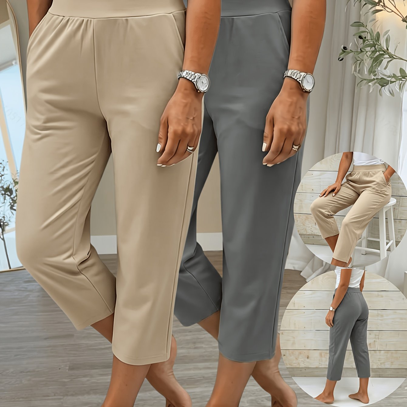 [2-pack] Women's Lightweight Capri Pants, Elastic Drawstring Waist With Double Pockets - Casual Long Trousers, Spring Summer Comfortable Fashion Everyday Trousers | Trousers