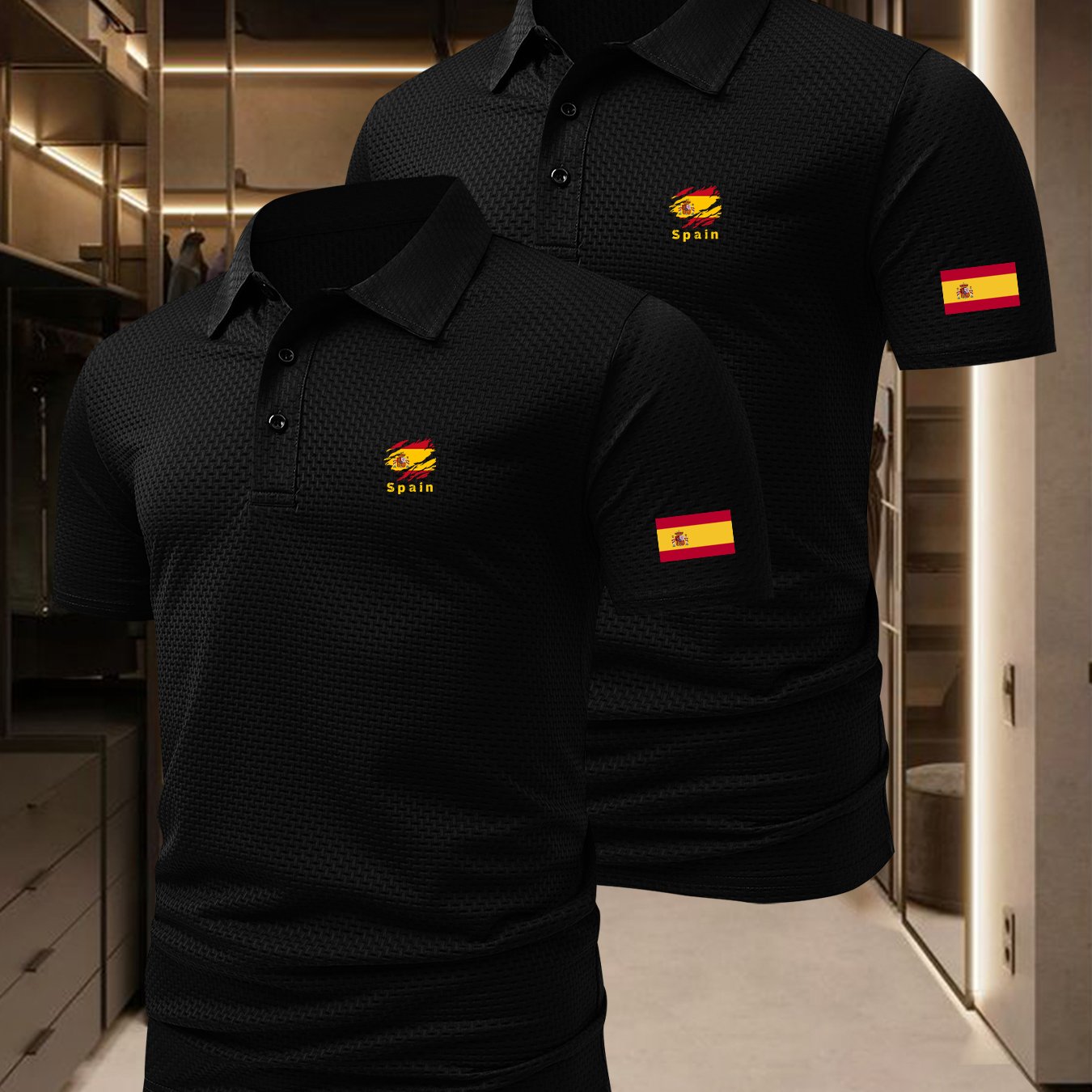 TEMU 2pcs Spanish Patch Design Men's Outdoor Golf, Equestrian Casual Short Sleeve Textured Tattoo Fabric, Mature Men's Business Casual Jacquard
