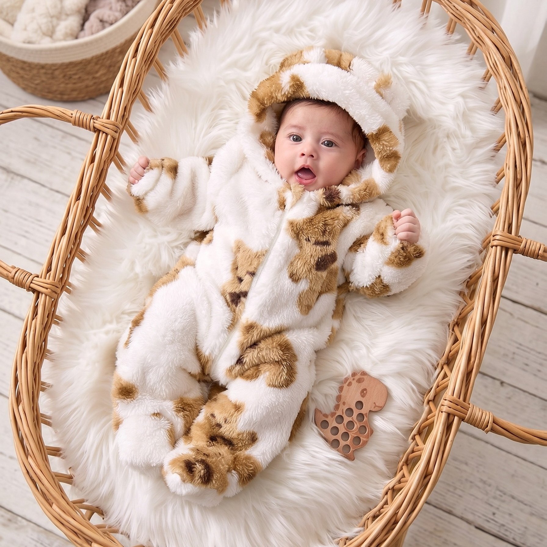 Image of Baby Boy Autumn Winter Cute Warm Bear Pattern Hooded Long Style Footie Romper Trendy, For Outdoor, Newborn/toddler Necessities