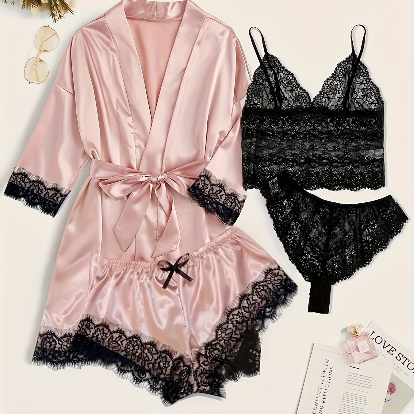 Elegant Satin Contrast Lace Lounge Set, 3 Quarter Sleeve Robe With Belt And Cami Bra And Panty And Elastic Shorts, Women's Loungewear