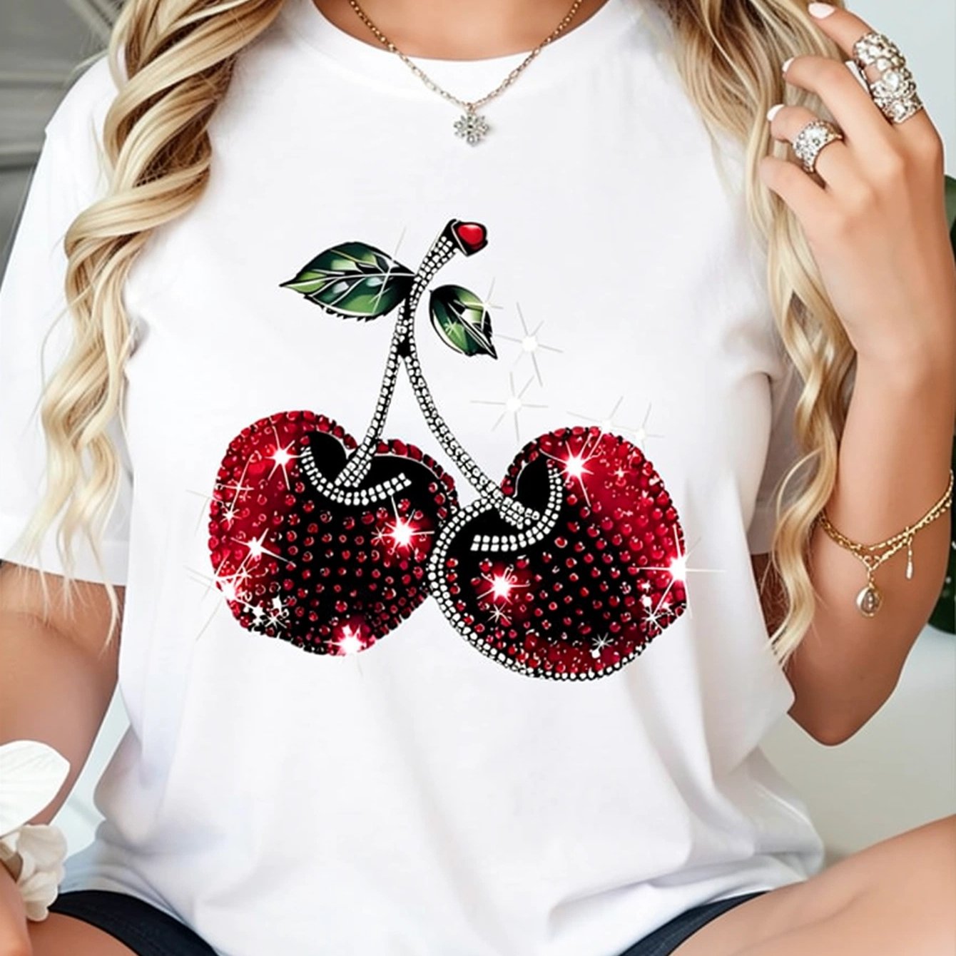 Image of Plus Size Women' Cherry Diamond Print T-shirt - Elegant Casual Short Sleeve Round Neck Top, Machine Washable For Summer S & Casual Wear, Seasonal Fashion, Fashionable Blouse, Casual T-shirt