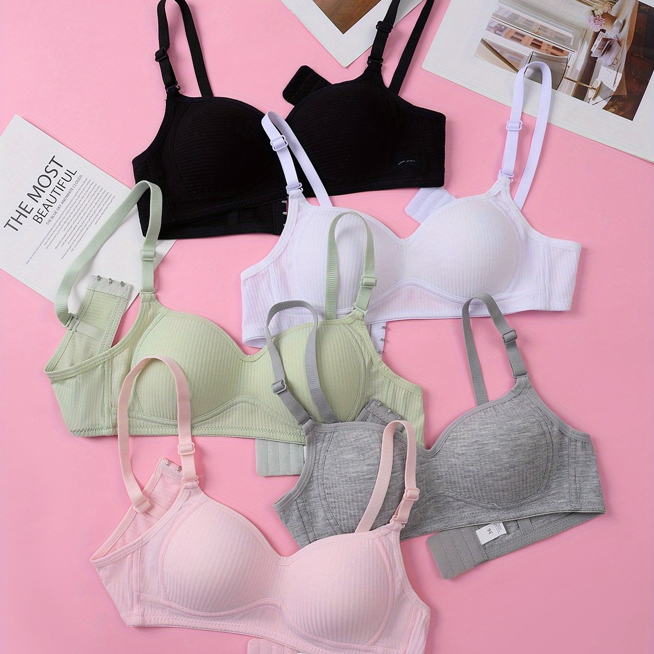Image of 5pcs Set Of Teenager Girls' Underwear, Girls' Bras, Puberty Wireless Bras, Anti-sag Comfortable Bras, Adjustable Shoulder Straps, Non-removable Padding, Suitable For Girls Aged 9-16