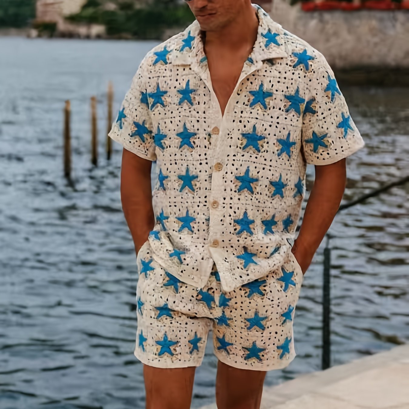Image of Men's Casual Sporty Short Knit Set, Knitwear Set, Men's Short-sleeve Knit Top And Shorts 2pcs Set, Lapel Collar Design, Single-breasted Button Closure, Breathable, Casual And Relaxed Style, Pattern
