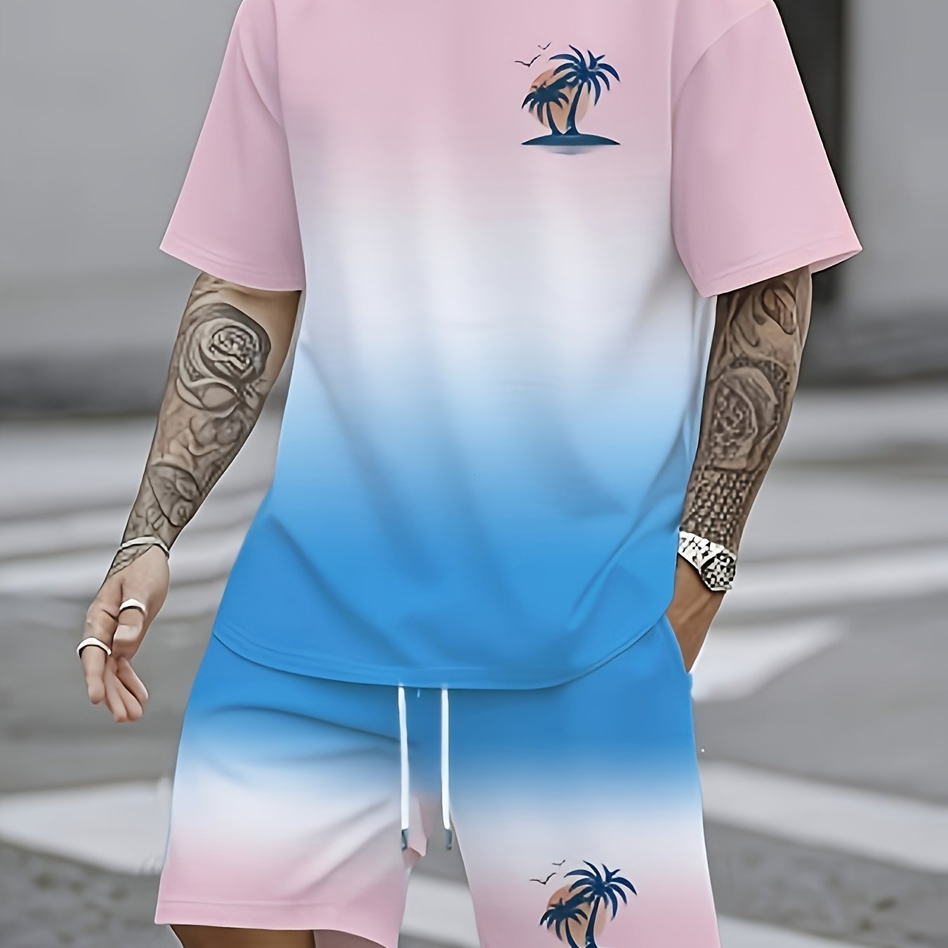 TEMU Men'-piece Set Featuring A Stylish And Breathable Gradient Palm Tree Print, Perfect For The Summer Trend