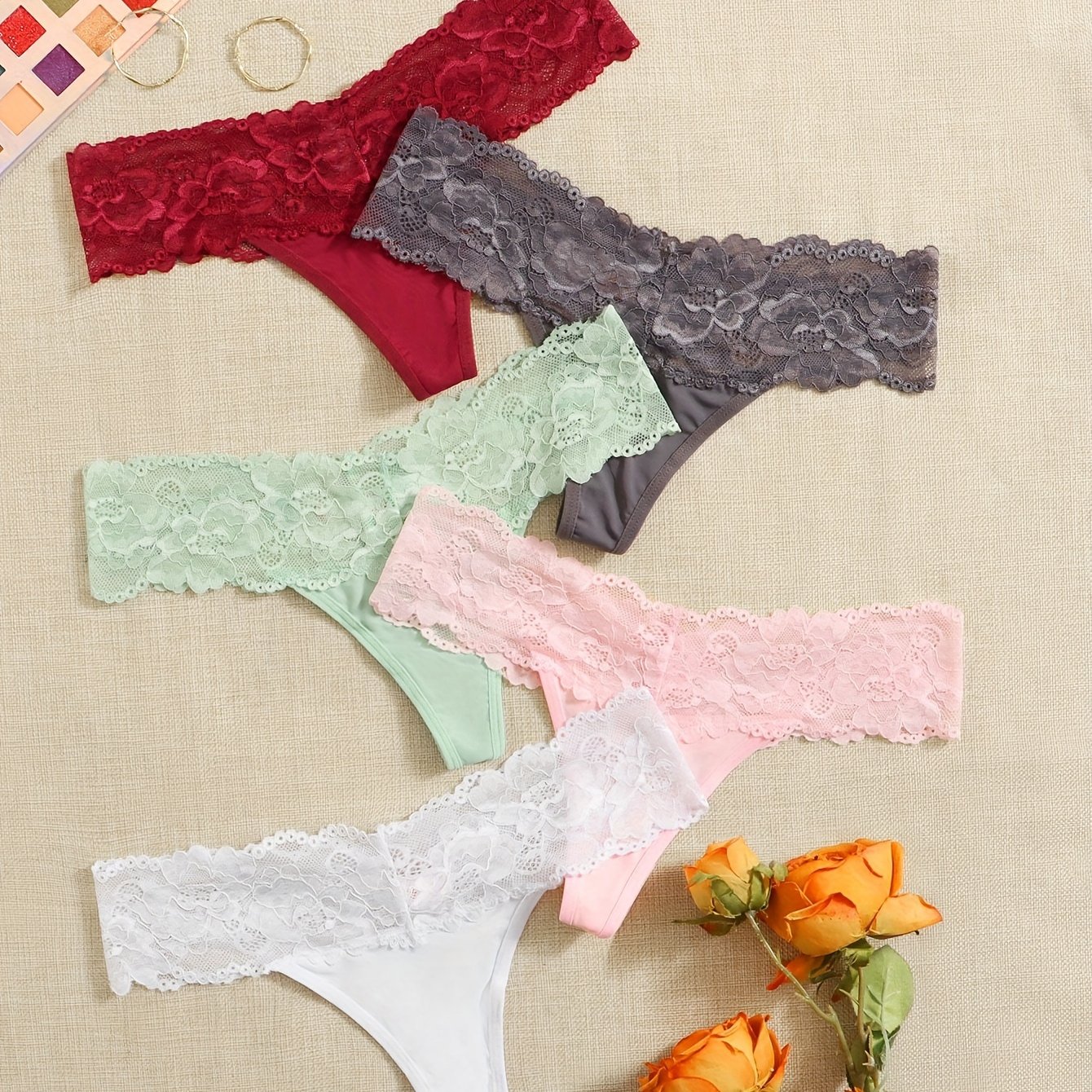 Contrast Lace Thongs Soft Comfy Stretchy Intimates Panties - Temu Canada