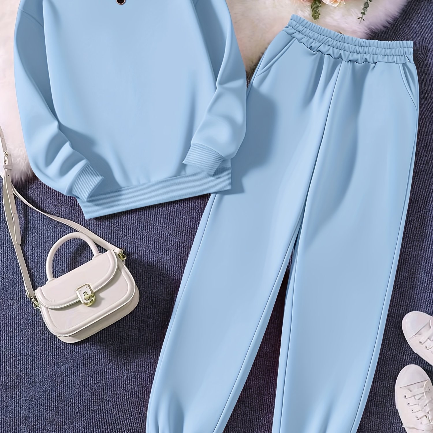 TEMU Qd0828083 2pcs Women's Long Sleeve Sweatshirt And Jogger Pants Set - Solid Color Versatile, Loose Fit, Casual Pullover Sweatshirt, Outdoor Pants