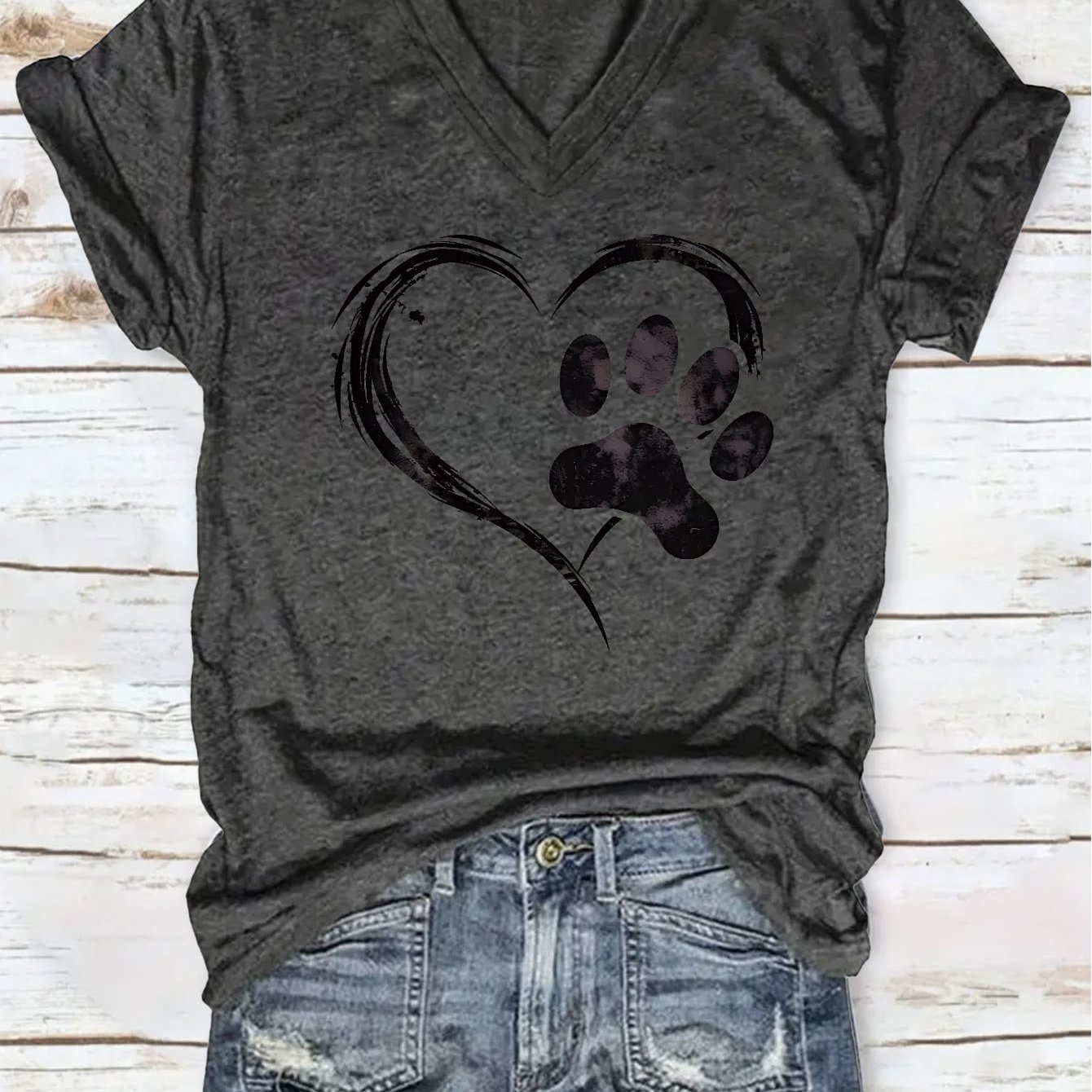 TEMU & Paw Print V-neck T-shirt - Casual Short Sleeve Top, Ideal Gift For , Spring And Summer