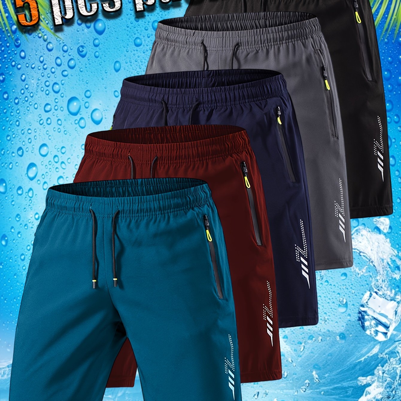 TEMU Geng Yuan Shi : 5-piece Men's Quick- Shorts - Breathable Cooling Fiber Moisture-wicking Training Shorts With Geometric Pattern, Elastic