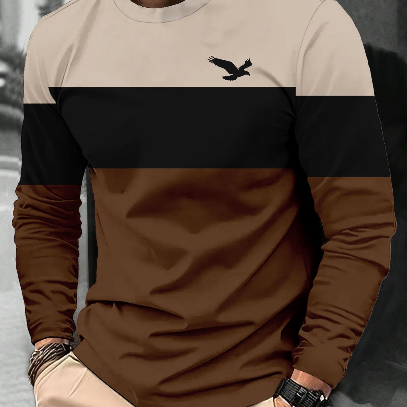TEMU Artistic Ink-wash Men's Long-sleeved T-shirt - Black And White Gradient Ink-wash Design, Free-themed Text Decoration, Round Neck, Casual To