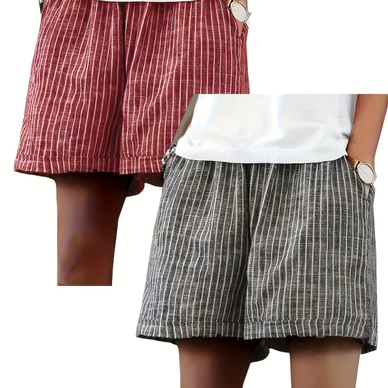 TEMU Ensemble pièces pour femmes à rayures avec poche, short d'été décontracté à jambes larges et taille élastique
