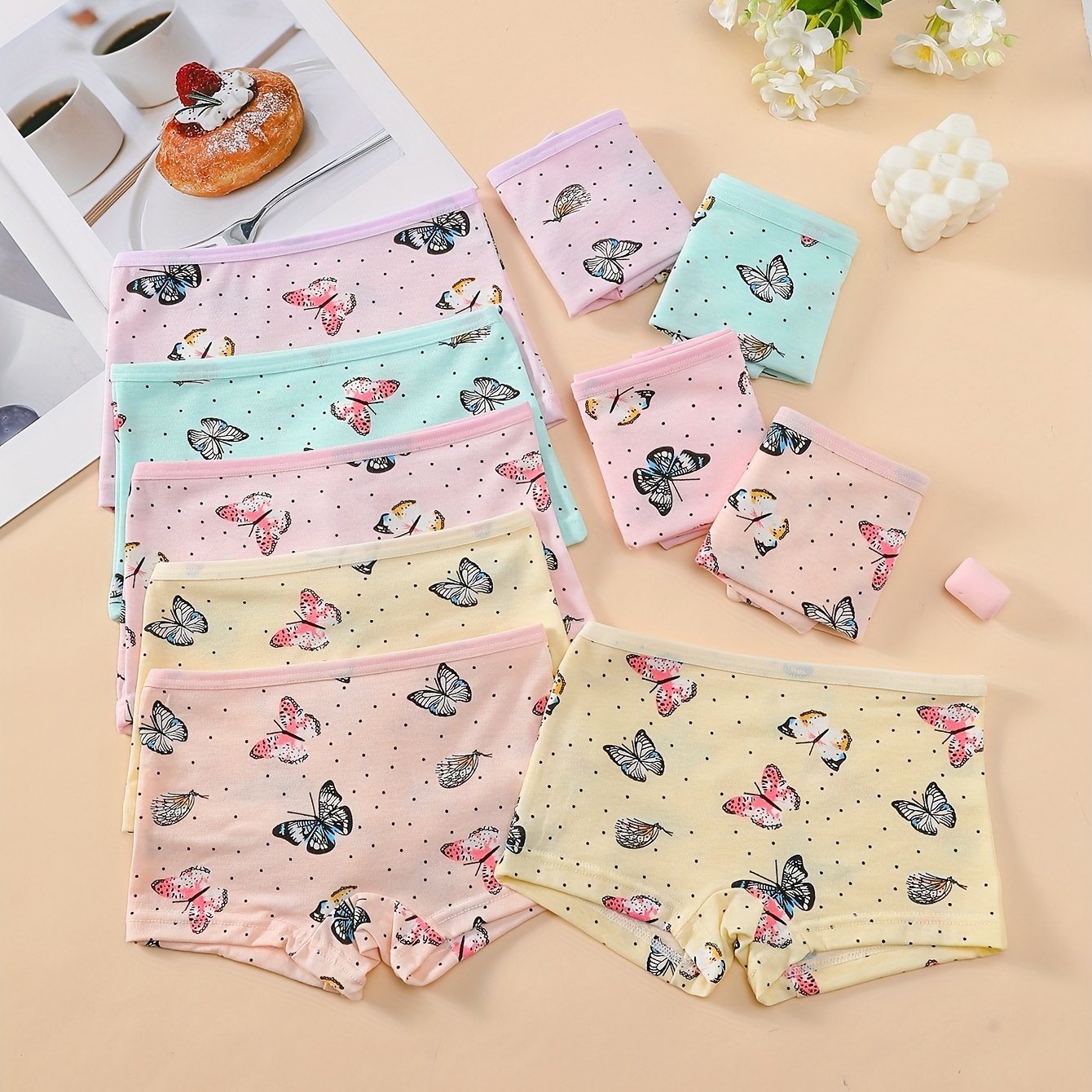 Image of 10 Pairs Of Mixed Color Cartoon Comfortable And Soft Girls' Boxer Briefs With Flowers And Butterflies