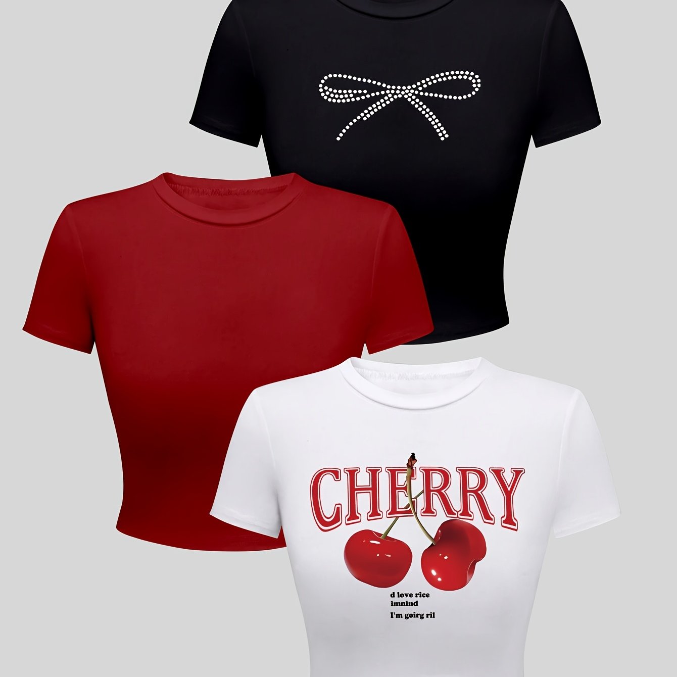 TEMU Cherry, Bow, Casual And Simple Round Neck Printed Short Sleeve Tight-fitting Crop Top Suitable For Summer, Women's