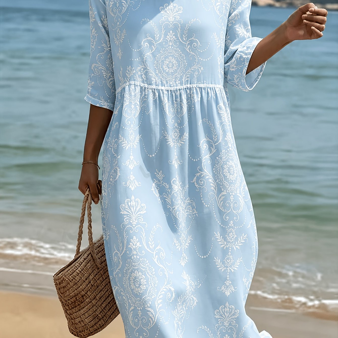 Image of Plus Size - Women's Style Dress, Round Neck And Three-quarter Sleeve Design, Fiber Fabric, Loose And Comfortable Fresh Style Dress, 2d Printing