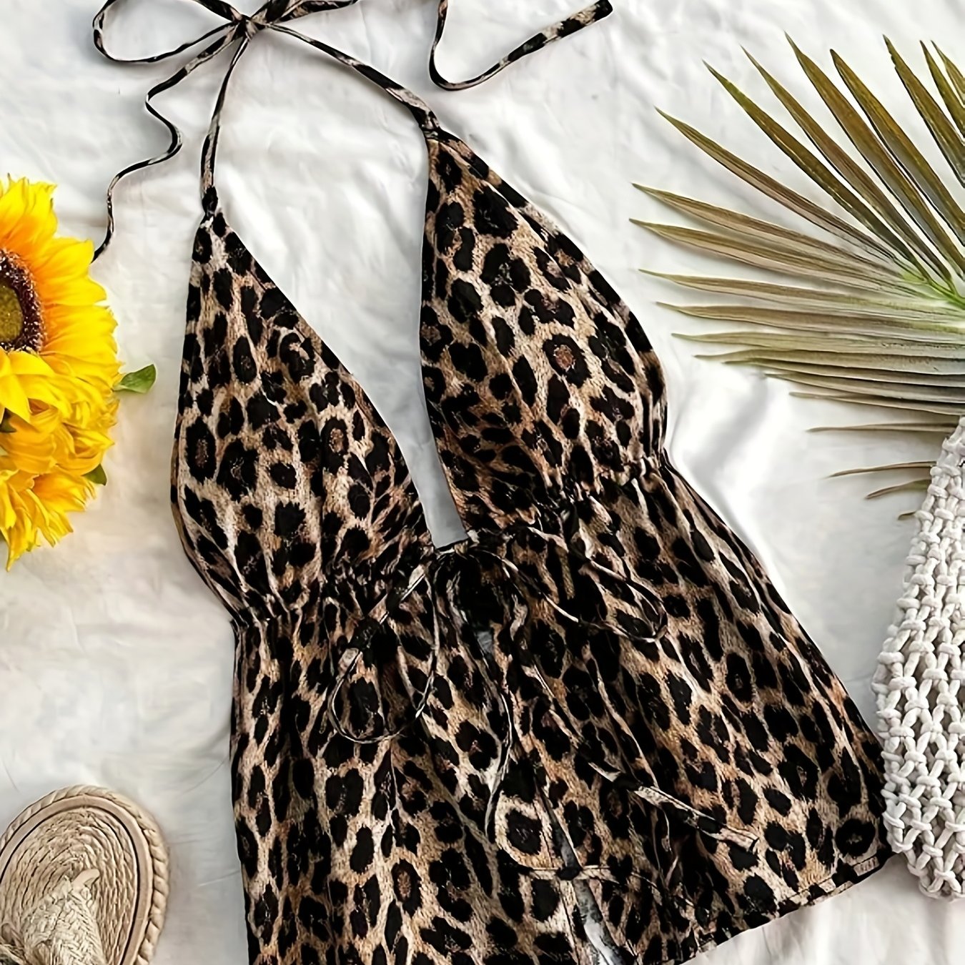 TEMU Women's Sexy Deep V-neck Backless Hanging Necklace Top - Leopard Print Adjustable Halter Shirt With Tie-back Strap, Beachwear For Pool, Summer