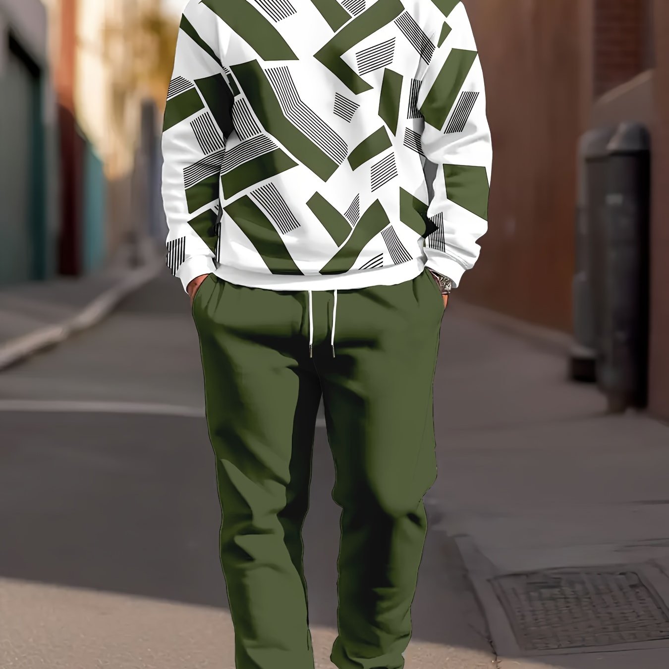 TEMU 2pcs Plus Size Men's Pullover Sweatshirt And Sweatpants, Easy Stripes, Green And White Block Splicing Printed Round Neck Sweatshirt And