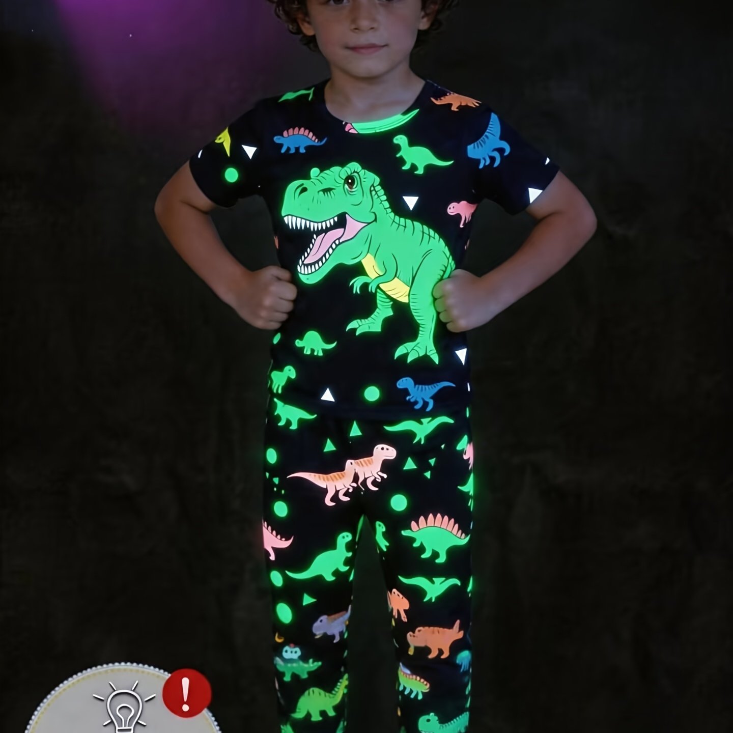 Boys' T-shirt Short Sleeved Dinosaur Pattern Printed Top And Full Printed Pants 2pcs Set That Glow Under Light At Night