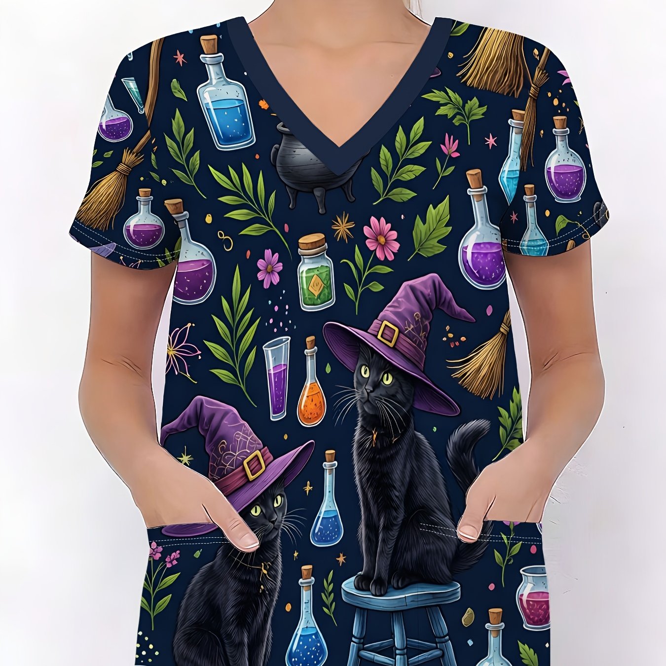 TEMU Plus Size, A Halloween Plus-size Women's Nursing Uniform With Print, , 2 Pockets, V-neck, And A Dark Print. This Vintage--size Nursing Uniform
